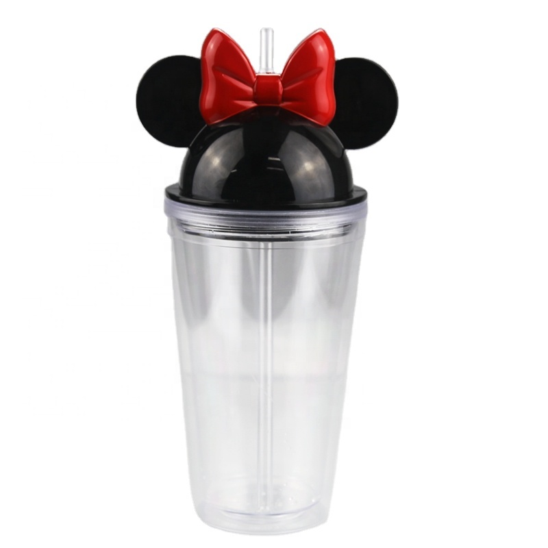 Wholesale 16 oz Double Wall Clear Acrylic Mickey Mouse Cup Tumbler BPA Free Plastic Water Bottle with Lids and Reusable Straws