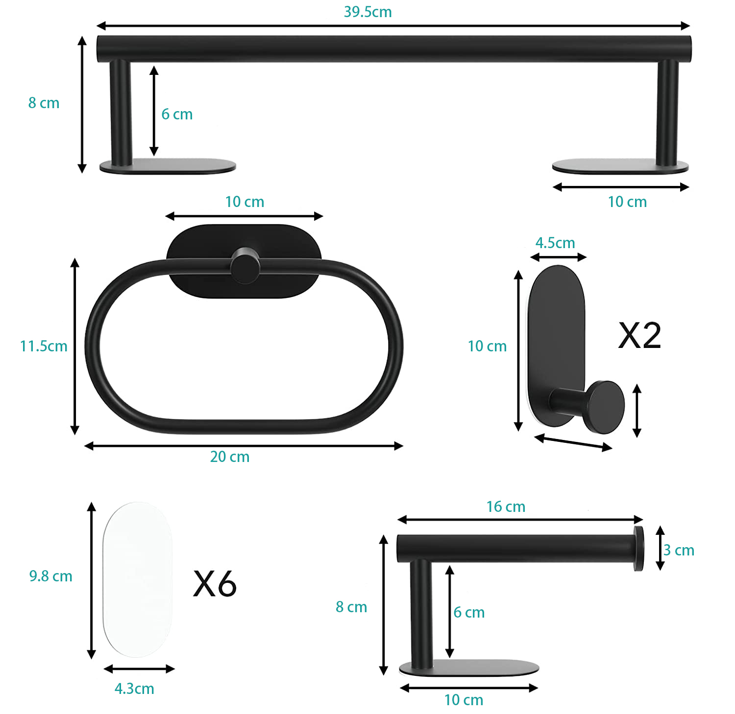 Matte Black Bathroom Accessories Set include Toilet Paper Holder and Robe Towel Hooks