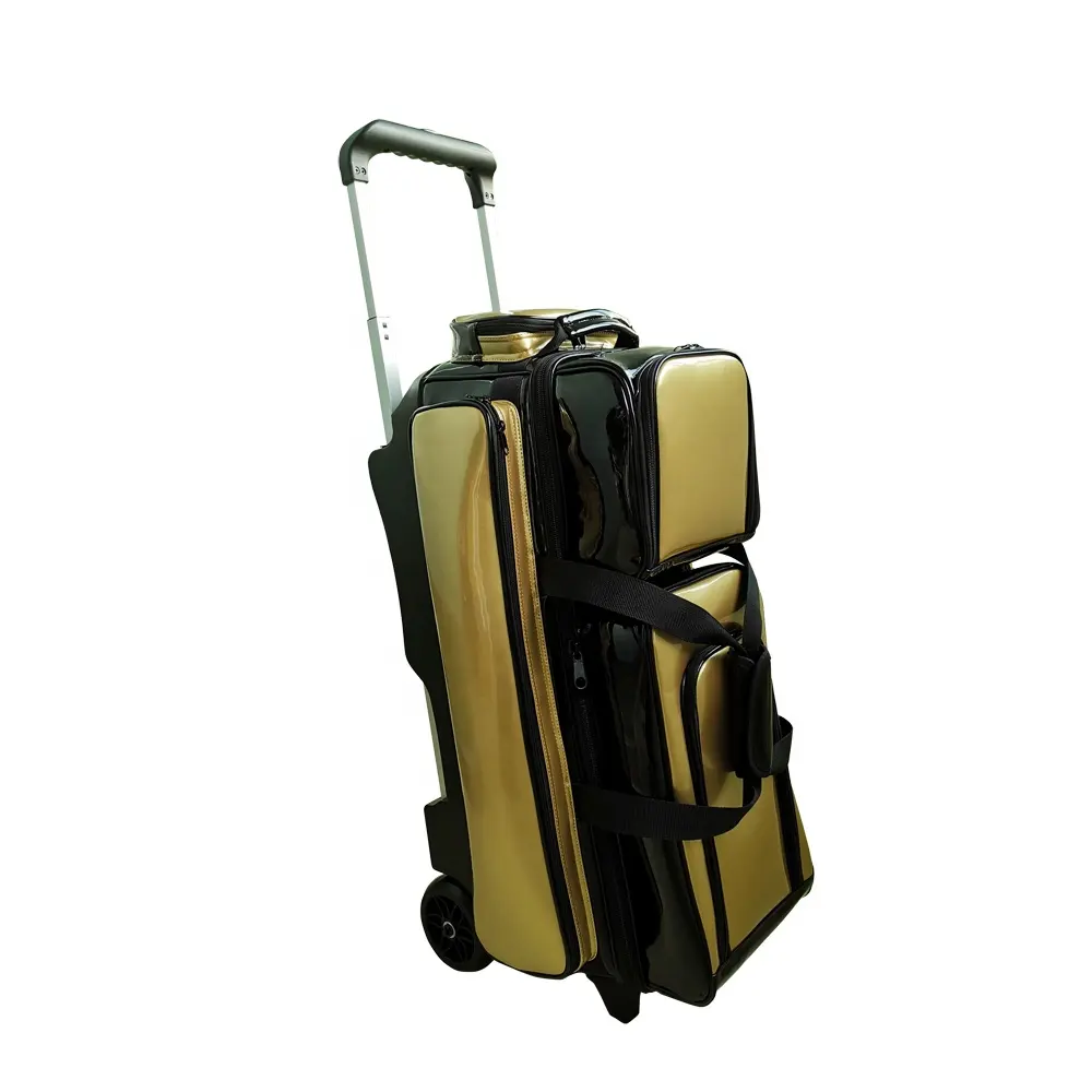 Gold 3-Ball Deluxe Padded PU Rolling Bowling Bag Roller with Large Pockets