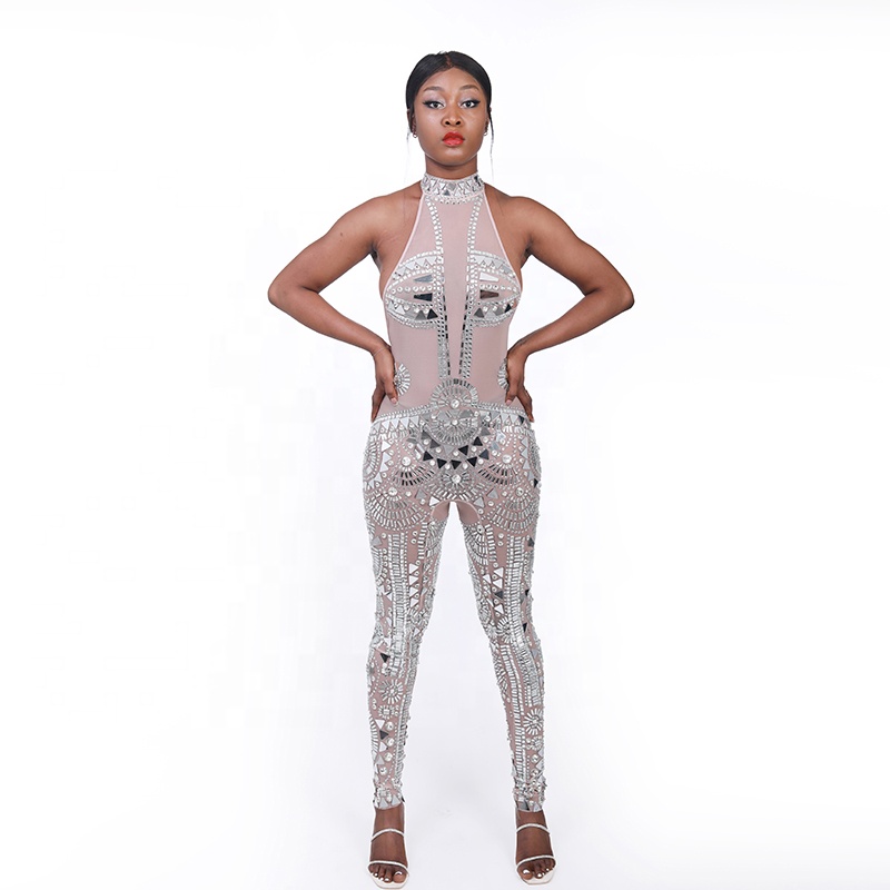 Women Fashion Club Wear Mesh jumpsuit Female Sexy Costume Shining Crystals Diamond Stretch Bodysuit Catsuit Pary