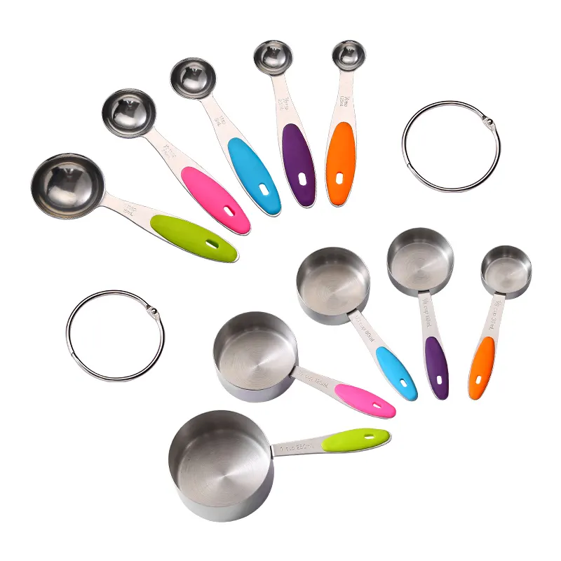 Stainless Steel Measuring Cups And Spoons Set Of 10 Stackable Teaspoons Tablespoons Cups Silicone Soft Grip Measuring Tools