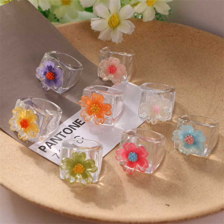 Korean popular design colorful three-dimensional flower ring jewelry cute transparent acrylic resin ring girl