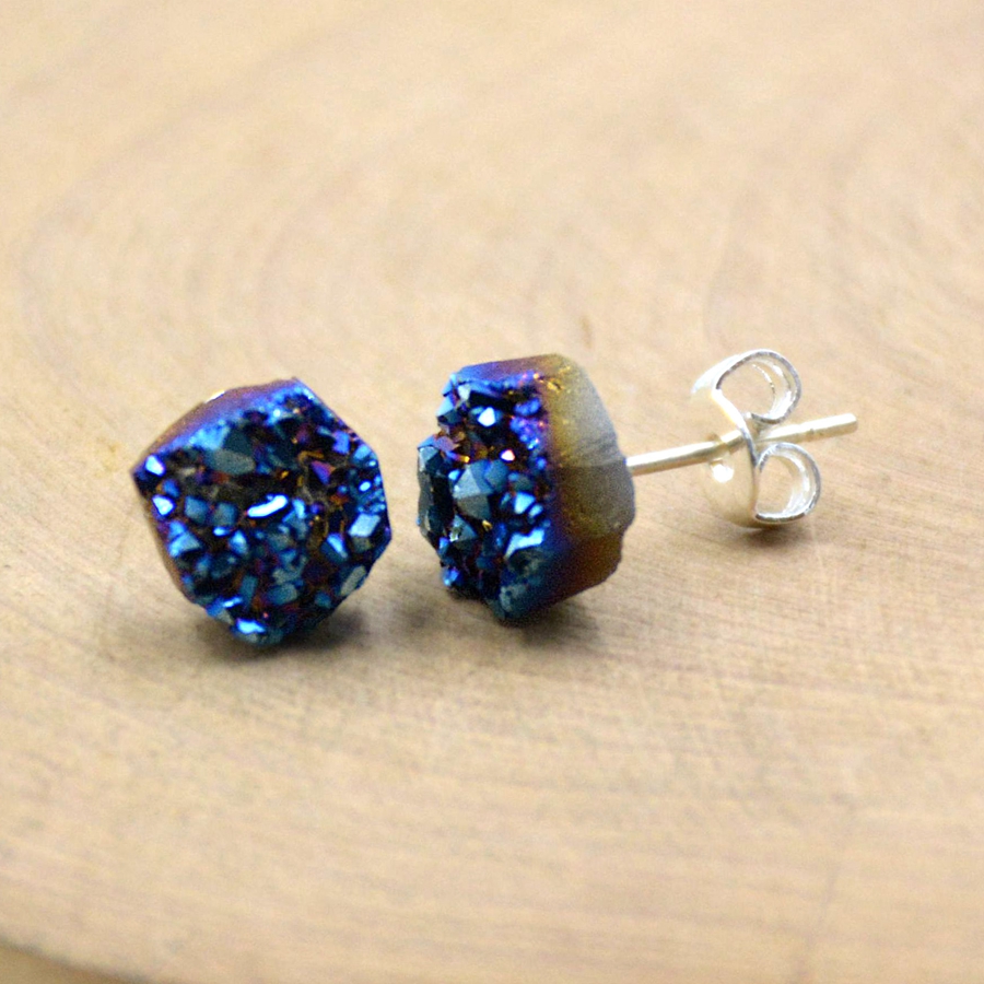 Natural shinny agate druzy crystal simple earrings stud gemstone quartz s925 sterling silver freeform earring jewelry for women