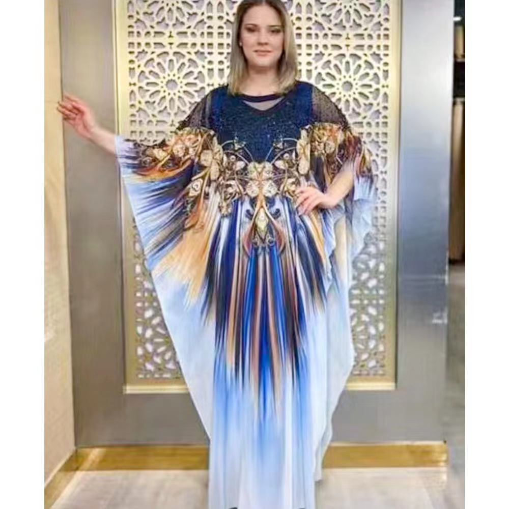 2022 African plus size women clothing fashion printing chiffon batwing sleeve abaya kaftan style robe loose casual dresses