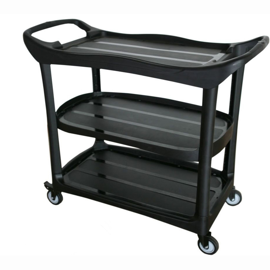 High quality black color plastic hotel restaurant service cart janitor cart trolly Utility Cart with side buckets-YG08179
