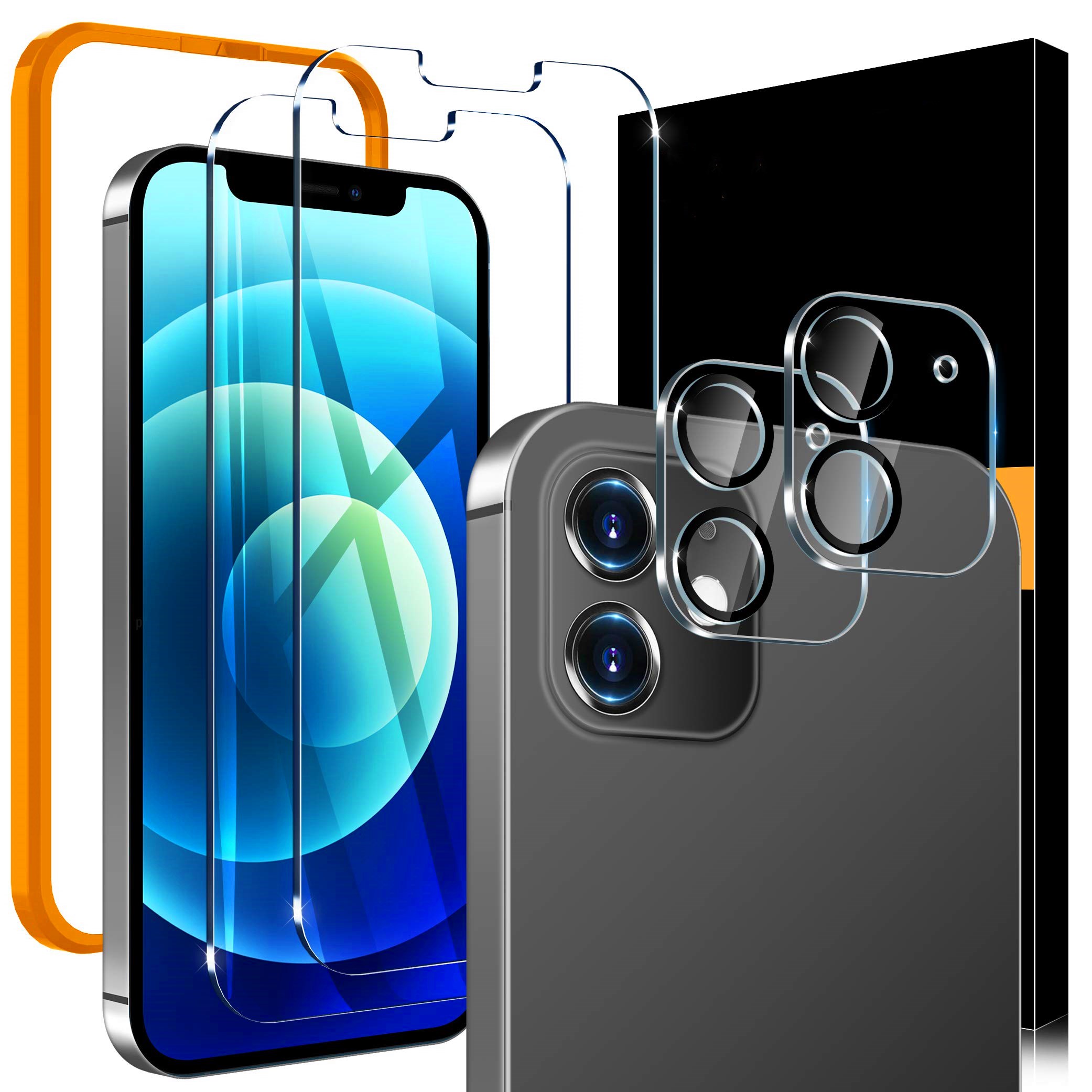 Screen Protector Compatible with iPhone 12 2 Pack Tempered Glass + 2 Pack Camera Lens Protector With Easy Installation HD Clear