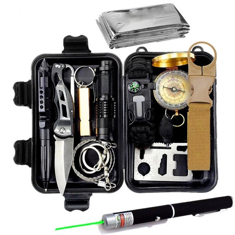 Outdoor Camping Hiking Waterproof Adventure Survival Tool Emergency Kit Set with Carabiner