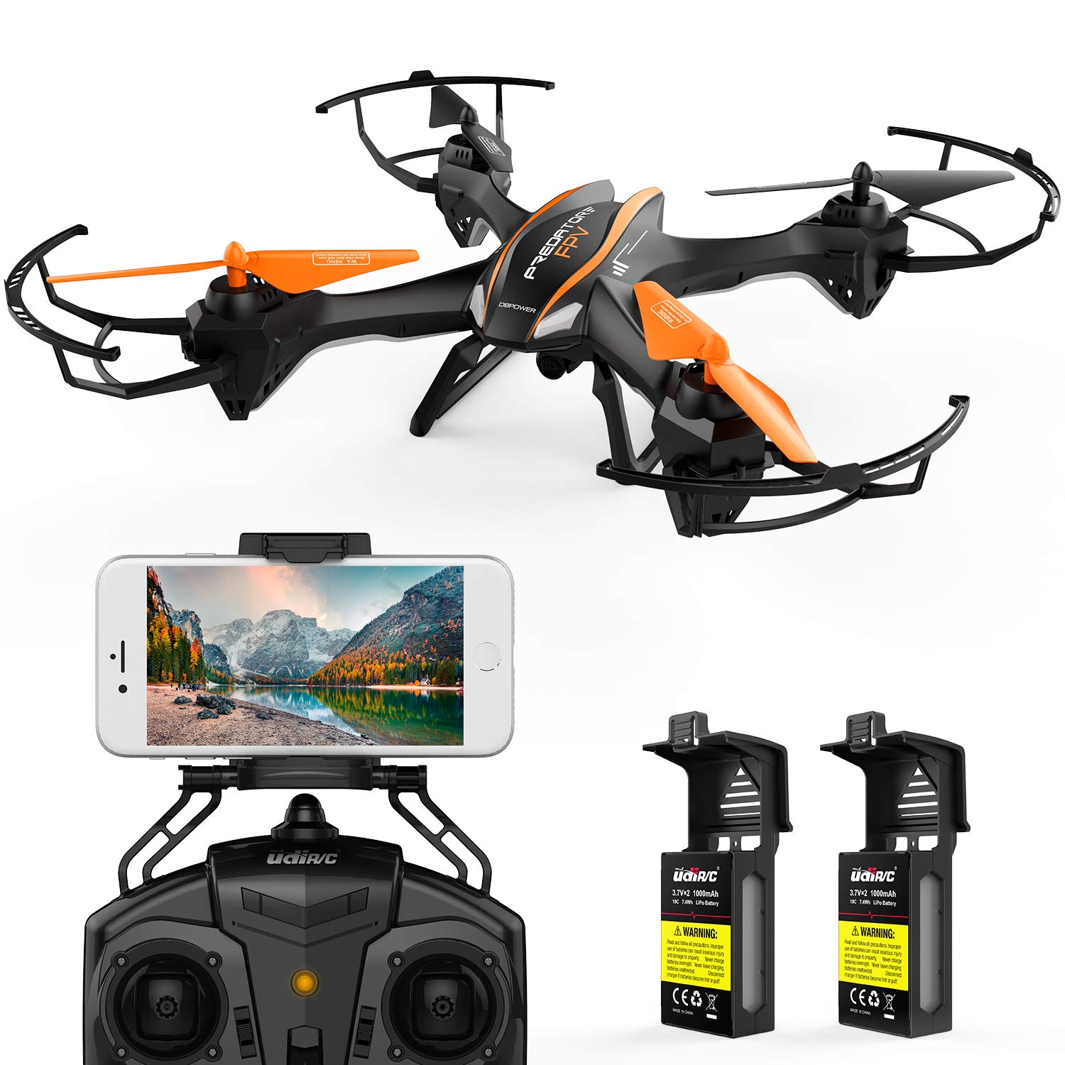 DBPOWER Wi-Fi Квадрокоптер с дистанционным управлением Drone с камерой с высоким разрешением 2,4G 4CH 6 оси гироскопа Вертолет с безголовым режимом и 3D флипы для начинающих, ветровка, большие размеры, бла