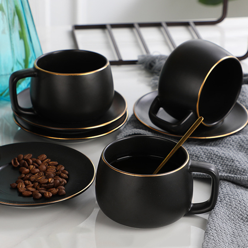 morden white and black matte mug with saucer creative ceramic coffee mug cup with tray and spoon