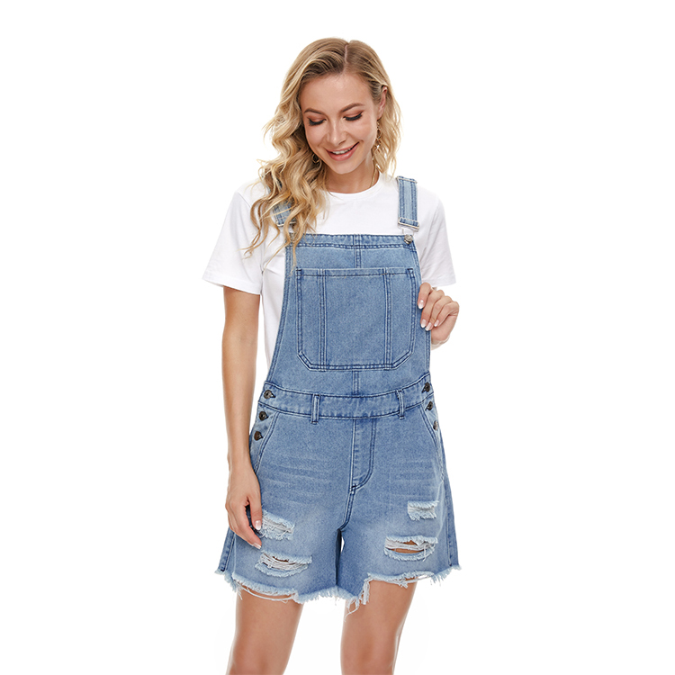 Girls jumpsuit ripped denim overalls fitted wholesale suspender denim pants jean shorts fora women
