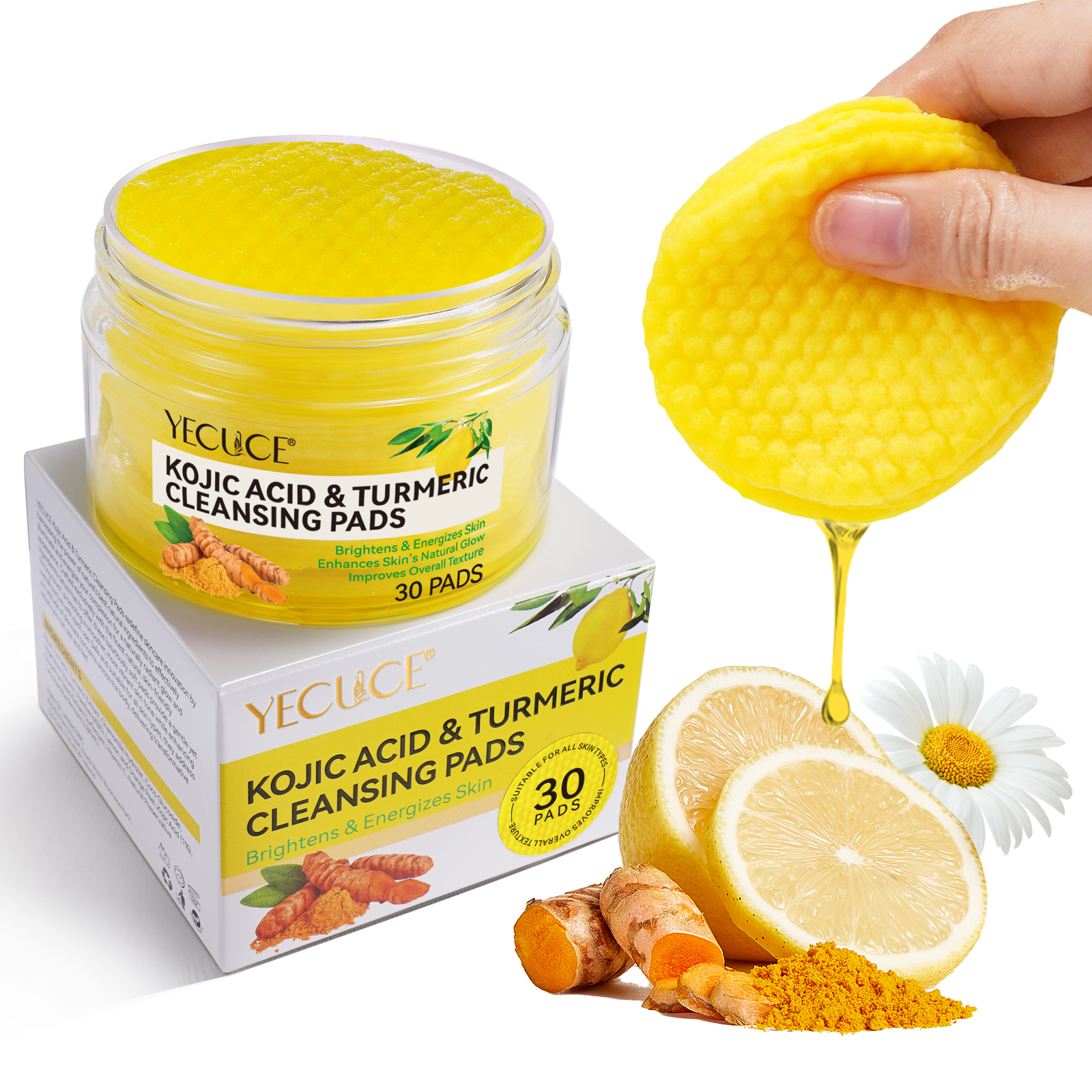 YECUCE Private Label Skincare Facial Cleaning Exfoliating Cotton Pads Anti Acne Kojic Acid & Turmeric Cleansing Pads For Face