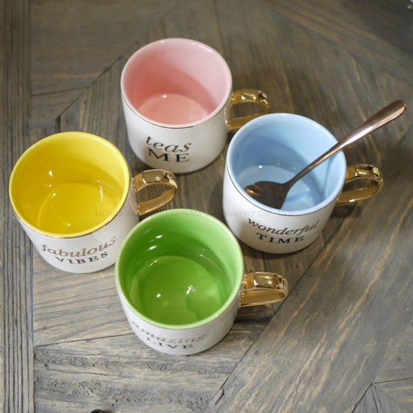 Ceramic mug with gold handle inside colored glazed coffee cup porcelain tea cup