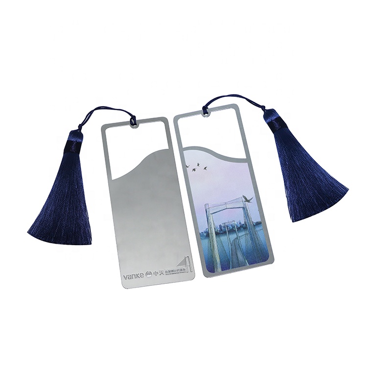 Custom Design Etching Engraved High Quality Silver Steel Bookmark with tassel