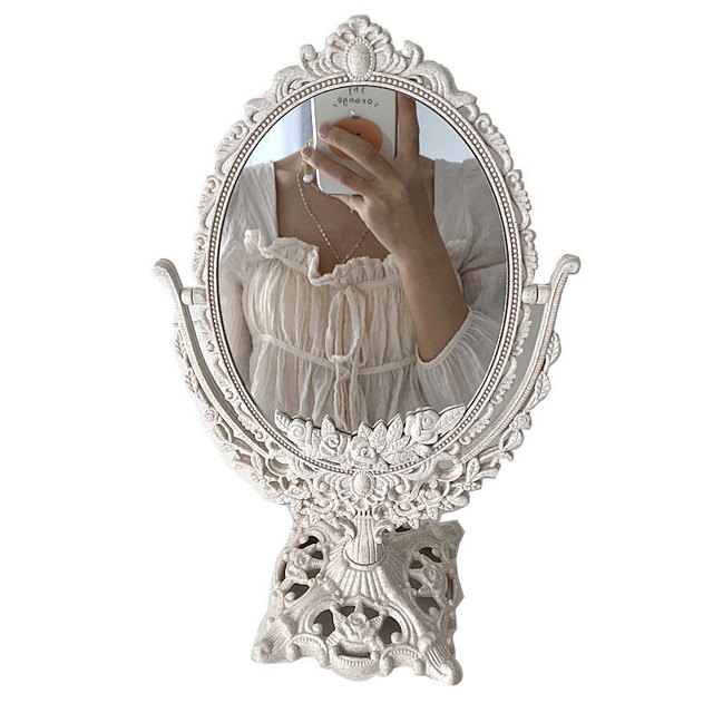 Decoration Desktop Flip Retro Carved Antique Vanity Makeup Mirror