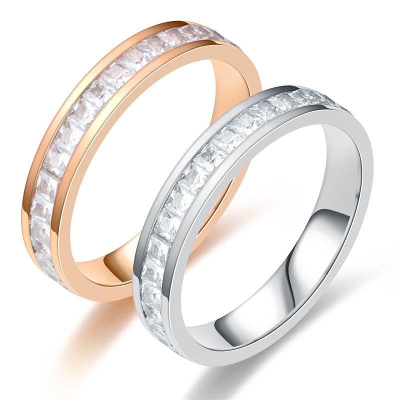 New Small Square Zircon Titanium Steel Diamond Jewelry Couple Ring for Men and Women