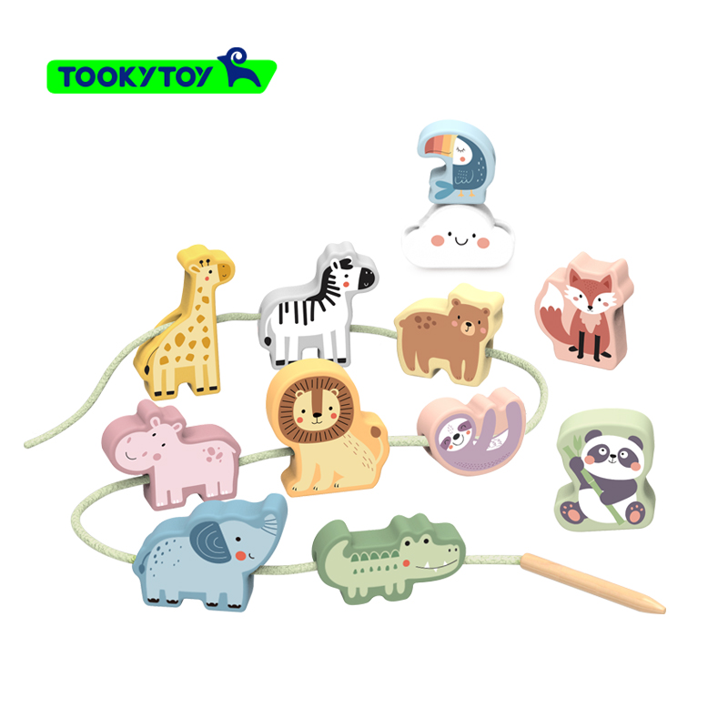RTS Mongolian children's animal cognition wood toy beaded string line hand-eye coordination educational children's toy