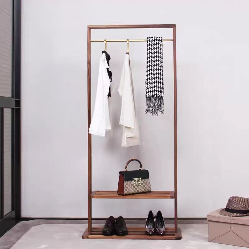 Black walnut and brass living room furniture integrated with coat jacket shoe rack