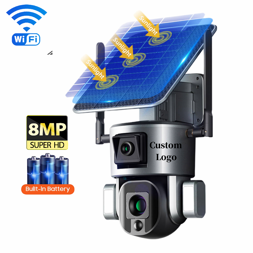 Custom Logo 8MP WiFi PTZ Solar Powered Security System Dual Lens Wifi Outdoor Solar CCTV Camera
