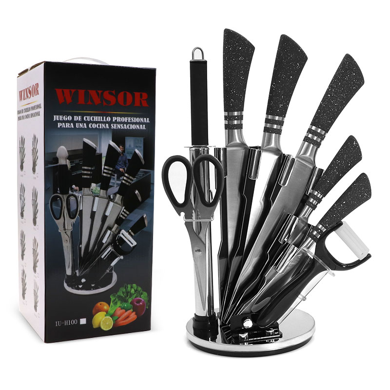 8Pieces Kitchen Knives Set, 5 Stainless Steel Knives + Acrylic Stand, Scissors, Peeler and Knife Sharpener