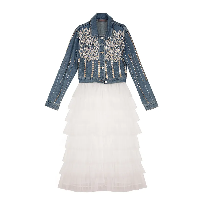 Original Design Spliced Women Dress Shinny Sequins Crystal Decor Street Wear Rhinestone Decorate Jeans