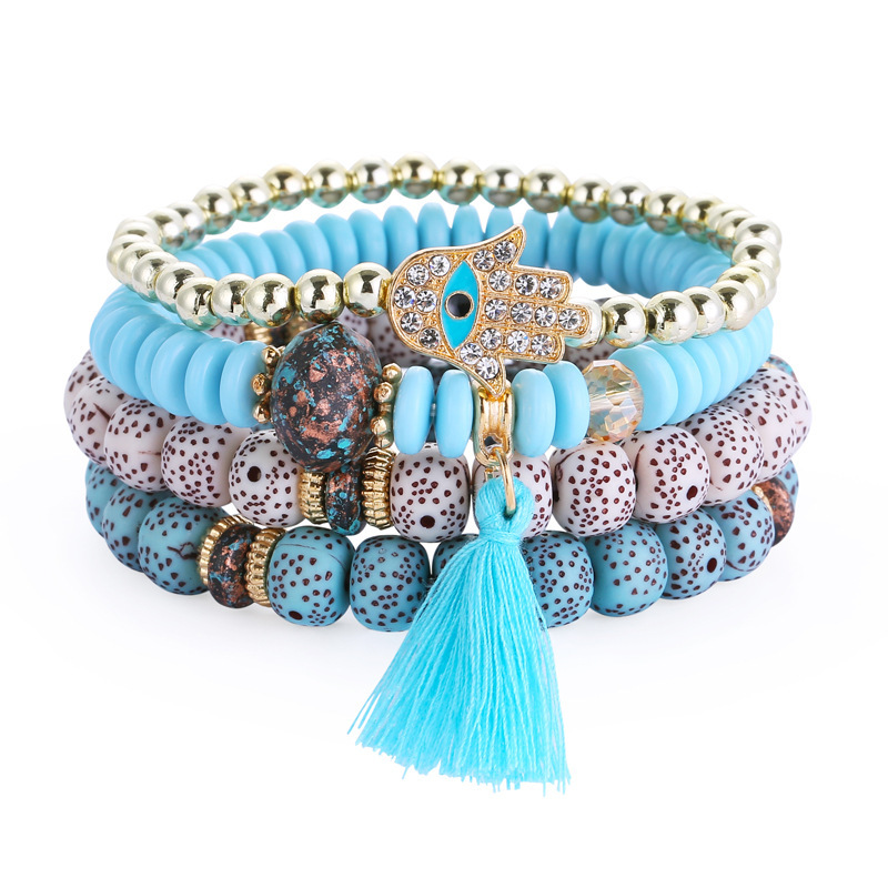 BohemianHandmade BraidedColorful Beads Elastic Bracelet Ethnic Multi Layer Rice Beads Beaded Stretch Charm Boho Tassel Bracelet