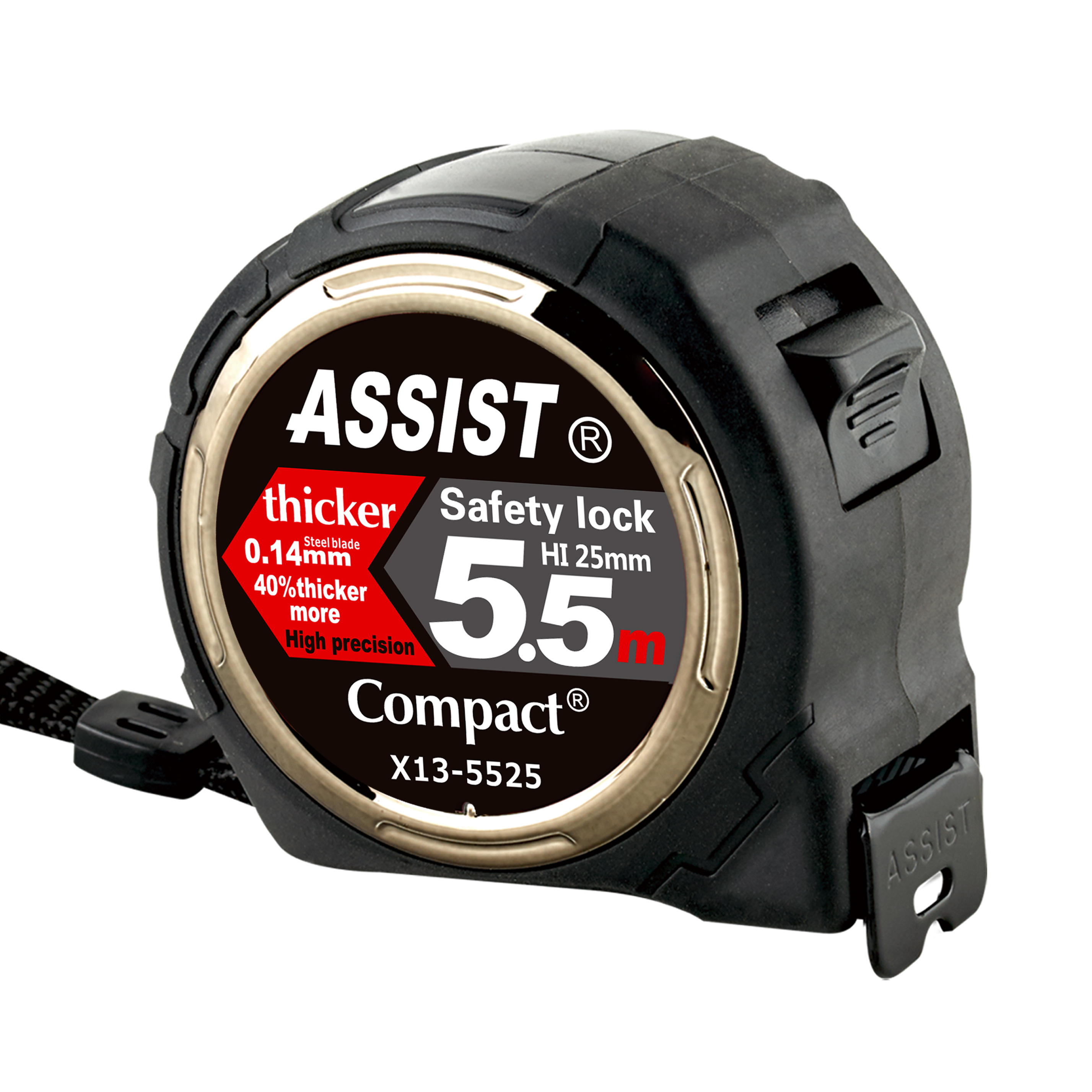 ASSIST Width 40% thicker Blade 5 Times Longer Use Life Double sides Print Compact measure tape