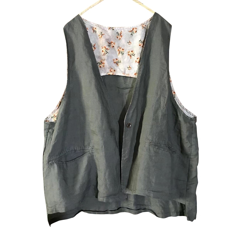 Ladies Retro Linen Vest Coats Sleeveless V-neck Casual Tops Spring Autumn Women Solid Color Pockets Vests Chinese Style