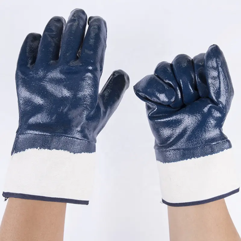 Heavy Weight Chemical Resistant Premium Nitrile Fully Cotton Lined Blue Smooth Nitrile Coated Rough Finish Cuff Safety Gloves