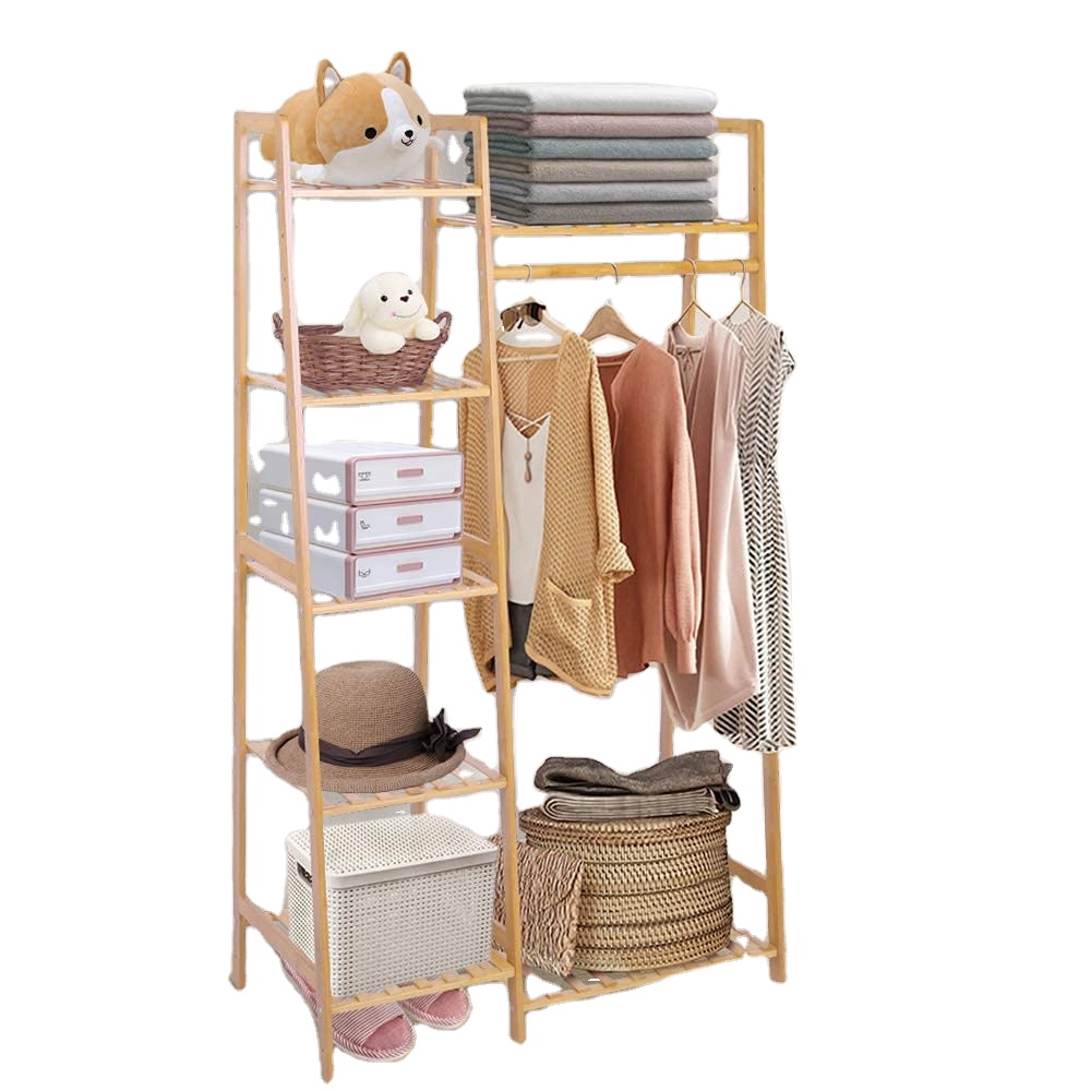 Heavy Duty Bamboo Garment Rack 7-Tier Storage Shelves Clothes Hanging Rack Clothing Rack Minimalism Wardrobe Closet Organizer