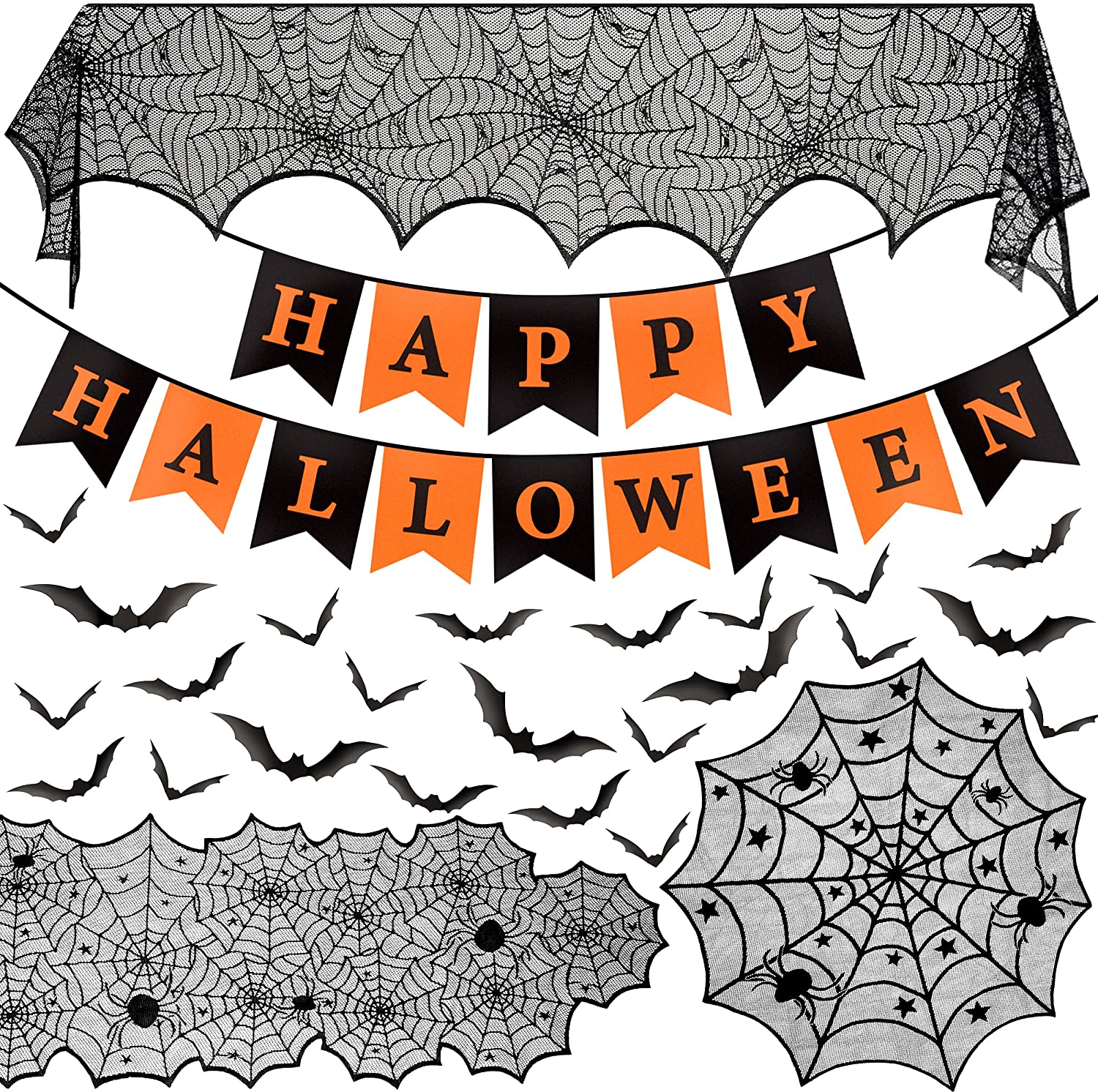Decor Bundle for Party, Spider Web Table Runners & Halloween Banner &Bat Sticker, Spooky Home Decor halloween decorations
