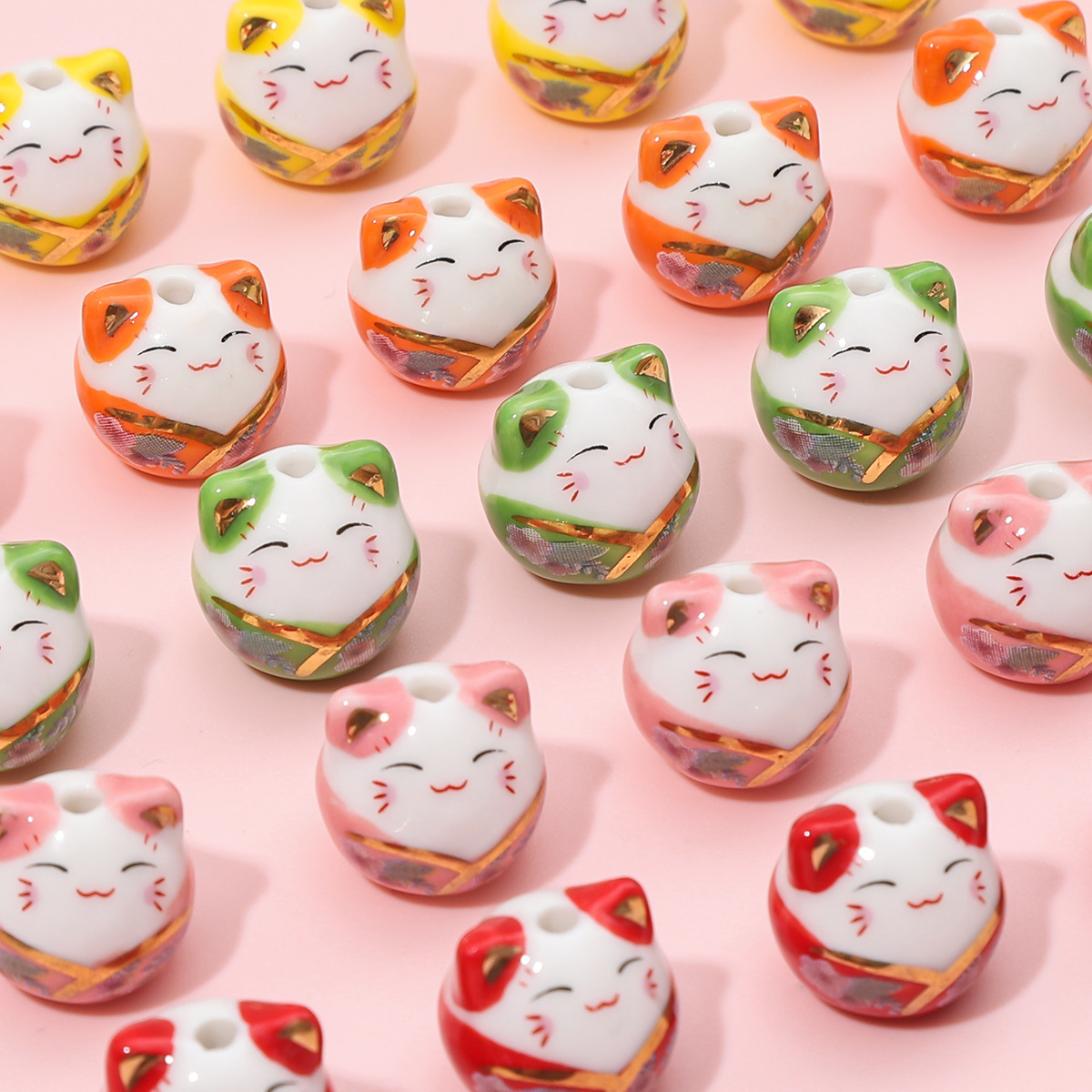 Cute 14*15mm Colorful Ceramic Clay Beads Handmade Graffiti Lucky Cat Charm Beads for Diy Bracelet Necklace Jewelry Accessories