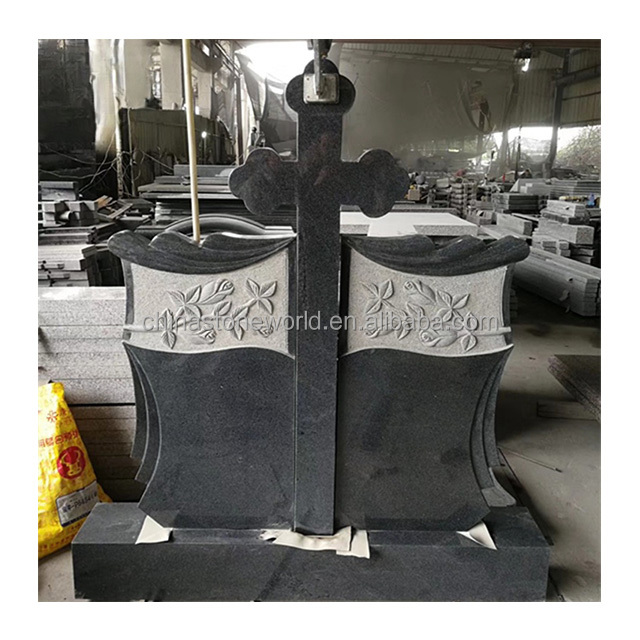 China Dark G654 Granite Cross Romania Cheap Tombstones and Monuments With Carved Tree