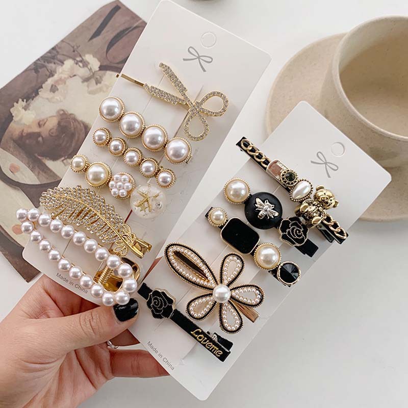 2021 New Design 5pcs bear Hairpin New Vintage Hair Clip Set Pearl Clip Duck Beak Clip Set Rose Love Me Hair Accessory B for girl