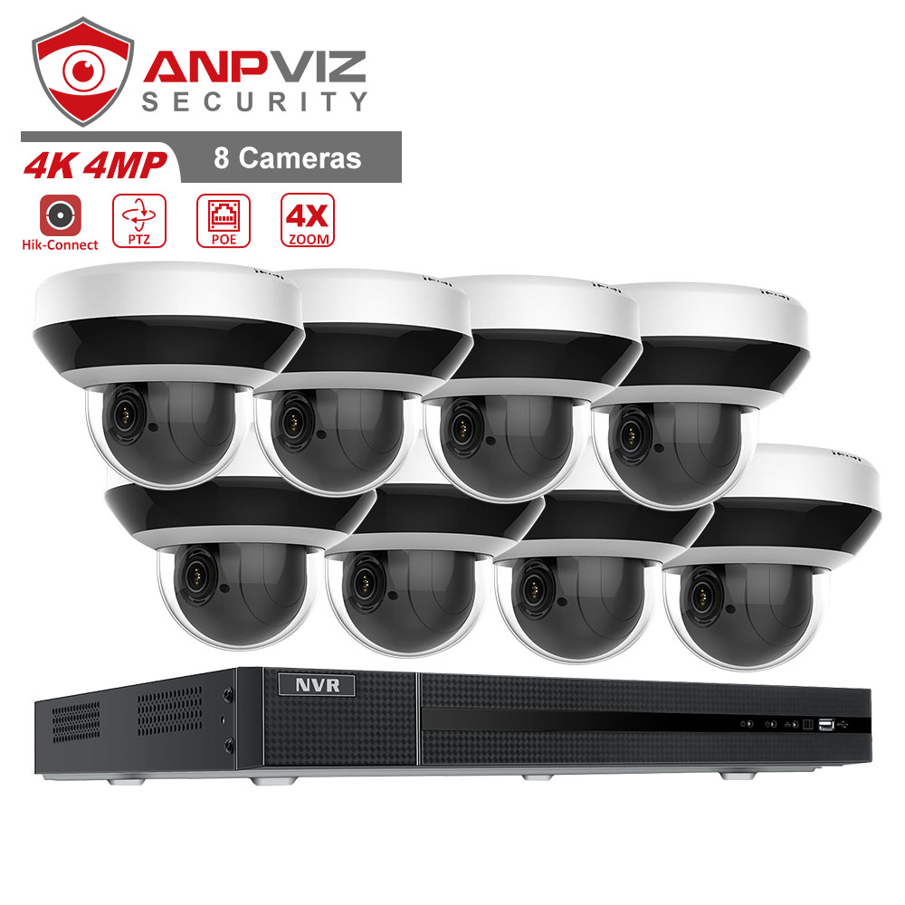 IP-камера Anpviz PTZ, 8 пакетов, 4 МП, PTZ, 4X, IP66, 16 каналов, 4K, H.265, POE, сетевой видеорегистратор до 20 м, удаленный просмотр ночью