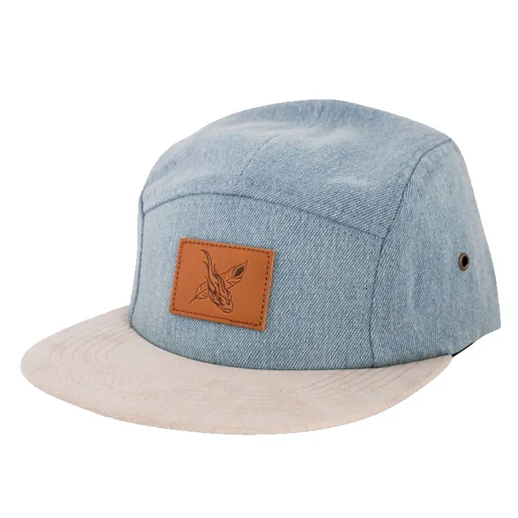 High Quality Wholesale Vintage Sports Custom Two Tone Denim Snapback Hat 5 Panel Camp Cap