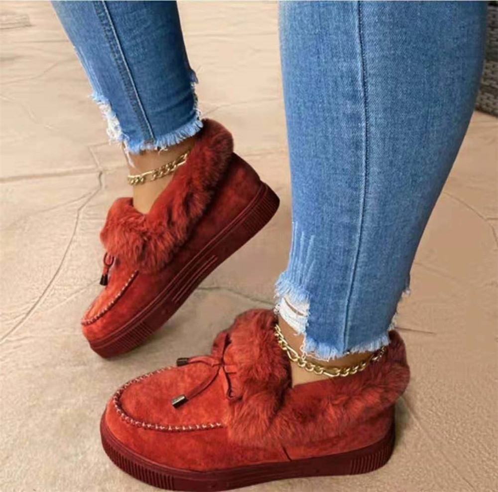 Winter Warm Ladies Bowknot Plush Warm Snow Boots Casual Solid Color Flat Short Boots Furry Women Shoes Boots