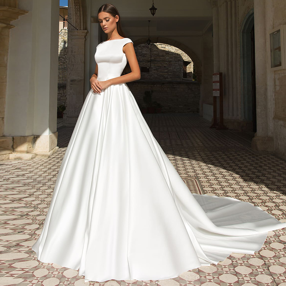 Robe De Mariage, Круглый ворот, без рукавов, сексуальные, с низким вырезом на спине простое сатиновое свадебное платье, платье для невесты, белые свадебные платья