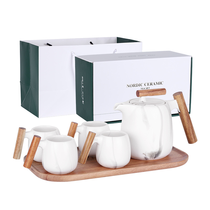 Luxury Nordic Marble tea pot with wooden handle Wholesale tea set ceramic with Wood Handle Cups Vintage Gift Box wooden tea set