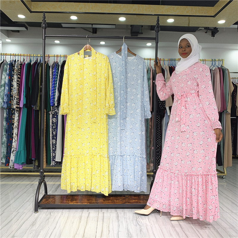 Многоцветное цветочное Женское Платье макси с длинным рукавом abaya dubai мусульманское платье с оборками