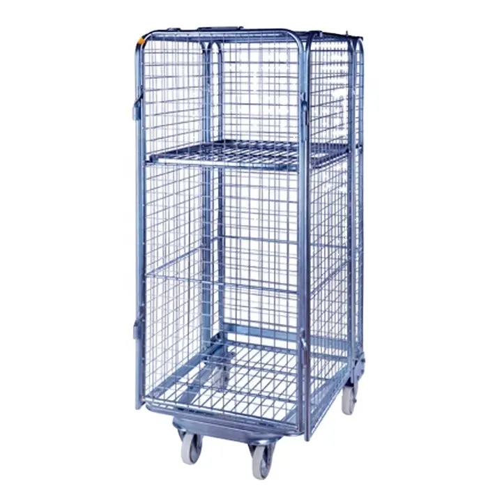 High quality medium duty hot sale 4 side mobile safety metal four wheel grid wire transport rolling trolley with lid