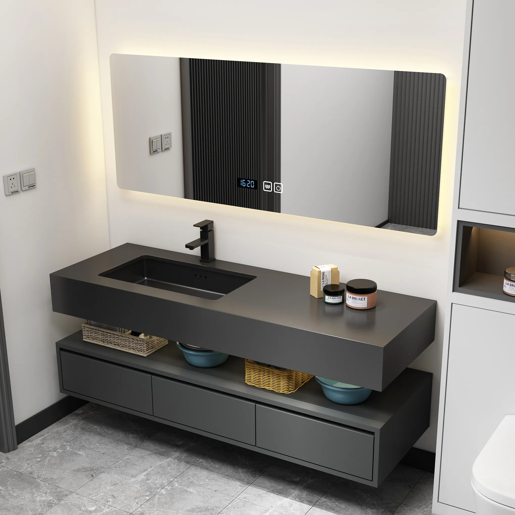Luxury Floating Bathroom Vanity Supplier Mirror Cabinet Modern Matte Black Wall Mounted Bathroom Vanity Set