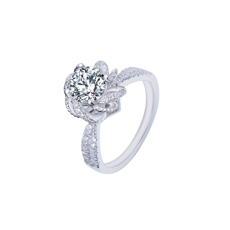 Hot sale high quality promised unique silver rose shape 1 carat moissanite female ring