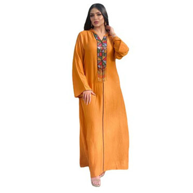 Hot Sale Women Robe Muslim Clothing Ethnic Orange Hooded Hijab Dress Moroccan Kaftan Dubai Turkey Arab Oman Tassel 2021