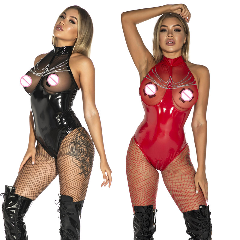 S-5XL Plus Size Women Sexy Mesh Erotic Lingerie Wetlook Leather Stretch Bodysuit Sexy Open Crotch Catsuit Culbwear
