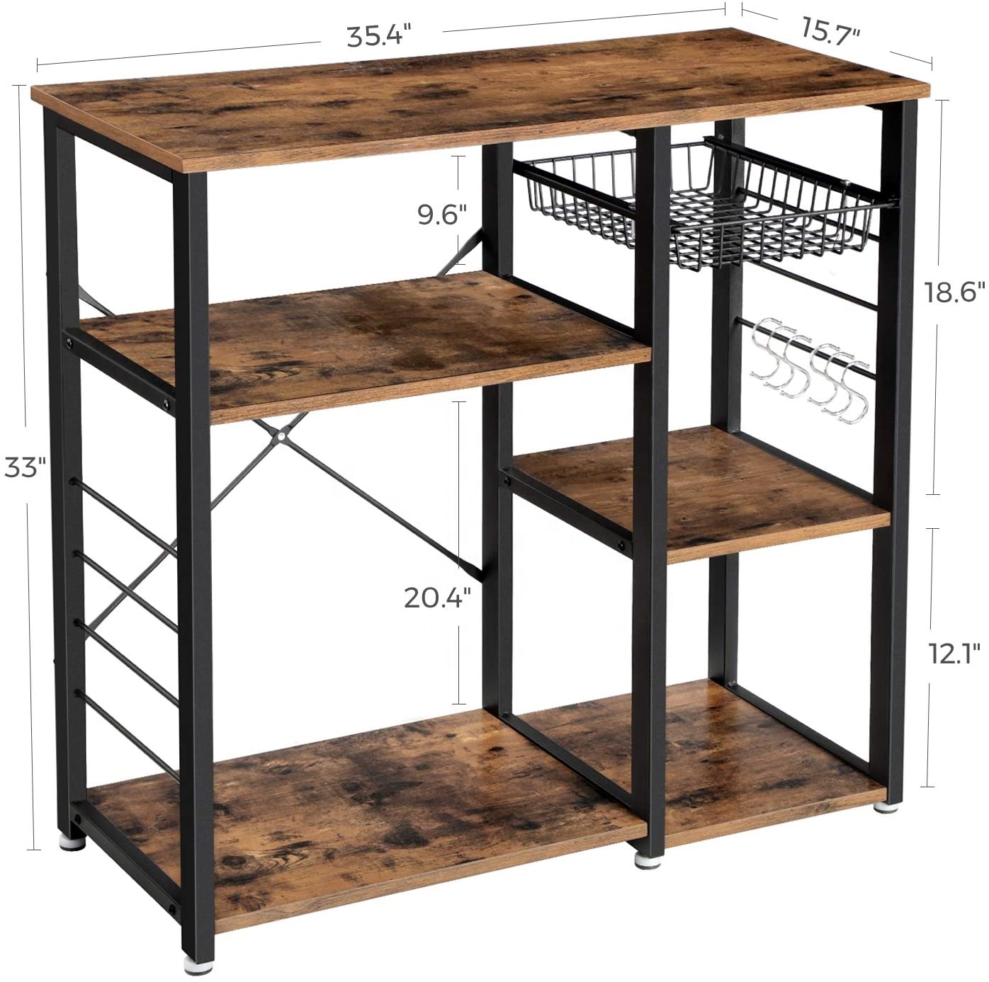 Kitchen Rack, Coffee Bar with Wire Basket 6 Hooks Microwave Oven Stand Metal Frame Wood Look, 35.4 Inch