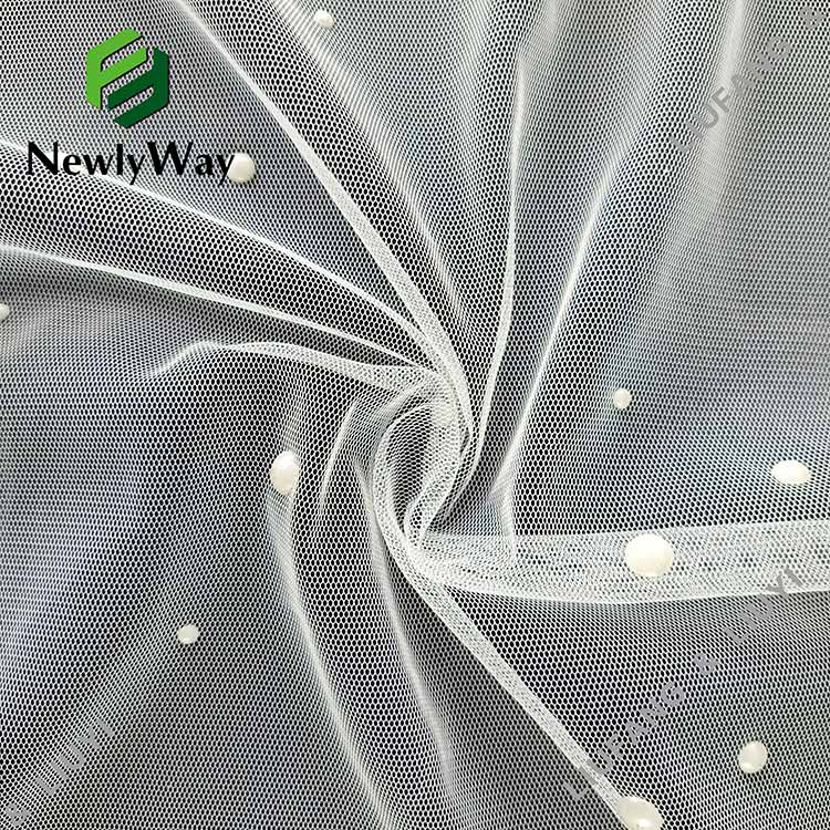 Polyester Pearls Beaded White Tulle Mesh Lace veiling Fabric for wedding