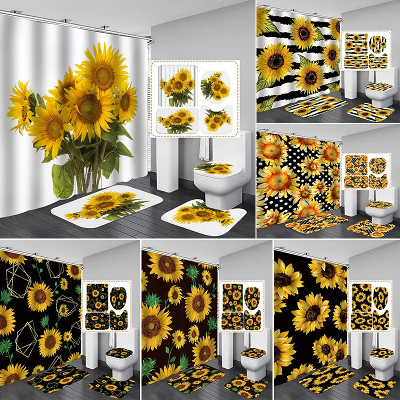Hot Sale New Arrival Sunflower Cortinas De Bano Bathroom Fabric Bathroom Sets Shower Curtain Set 4 Pcs Shower Curtain