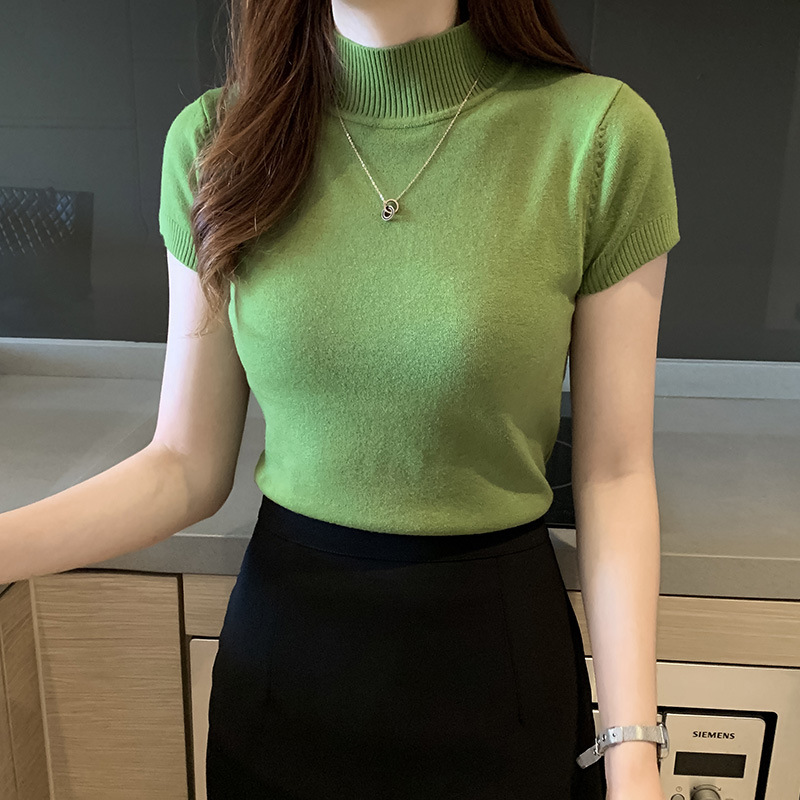 2021 New Fashion Women Girls Stand collar Pullover Blouse Short Sleeve Solid Color Knit Slim Casual Sweater