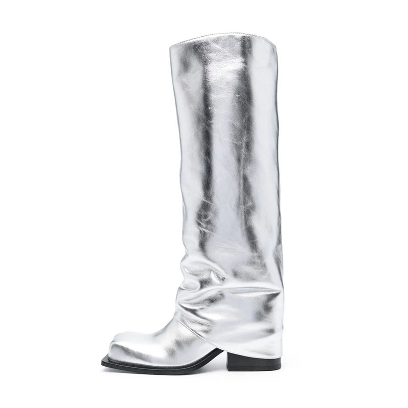 Fashion metal leather square toe thick heel high straight boots patchwork women's flat heel boots