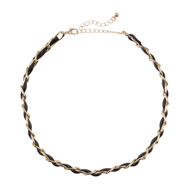 New Fashion Women'S Metal Contracted Short Black Leather Rope Braided Choker Chain Leather Cord Woven Collarbone Chain Necklace
